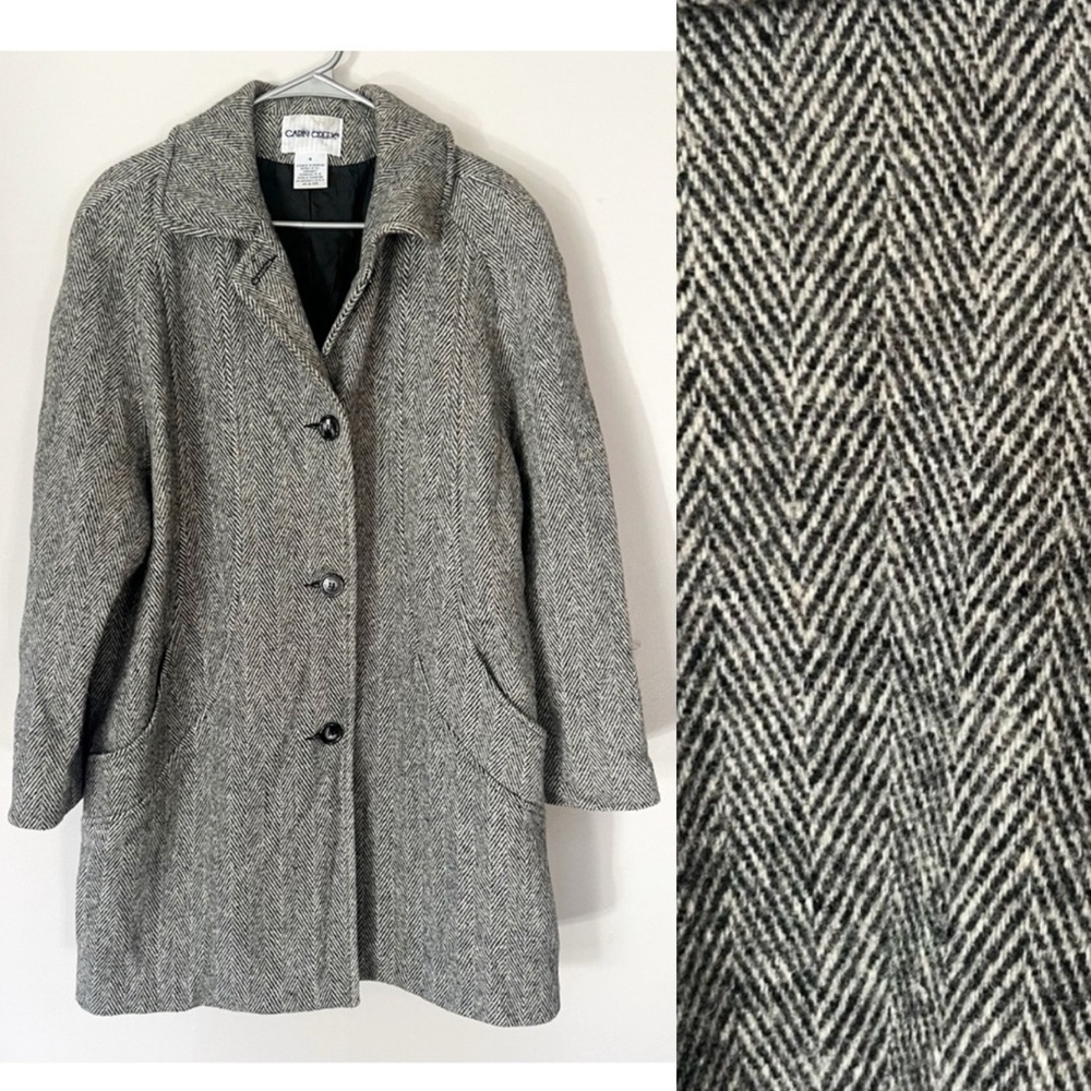 Vintage Cabin Creek Herringbone Wool Blend Coat Grey  Size 16 Classic Academia